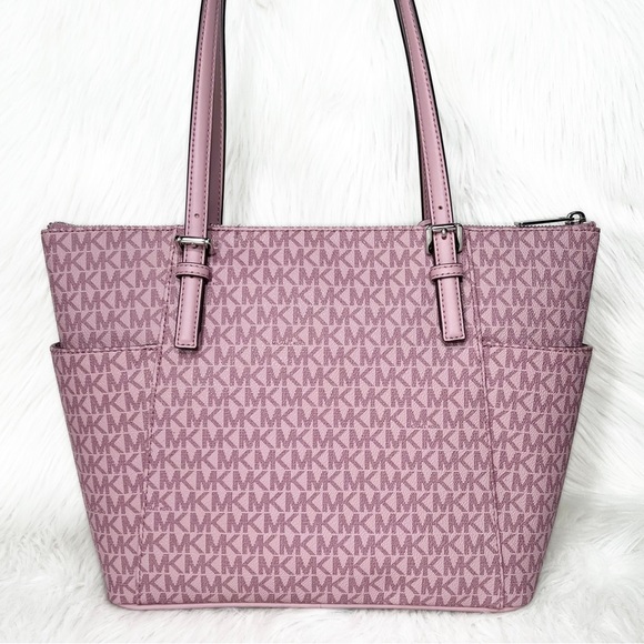 SOLD-Michael Kors Pink MK Logo Zip Top Shoulder Jet Set East West Tote Bag Med - Picture 5 of 9